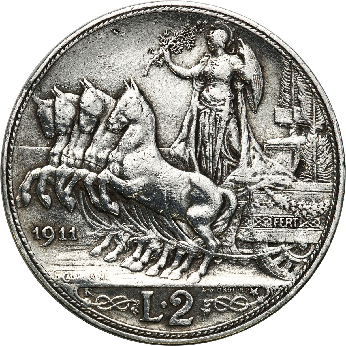Włochy, Wiktor Emanuel III (1900–1943), 2 liry 1911 R, Rzym - RZADKOŚĆ R2